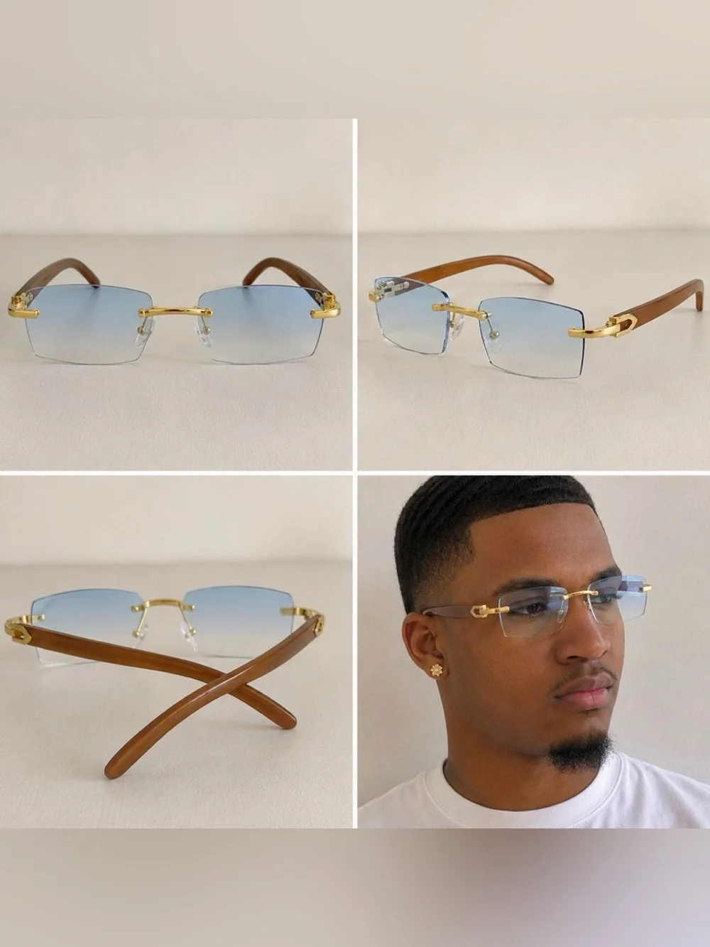 Luxury Rimless Rectangle Sunglasses Blue Gradient Gold Brown